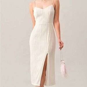 RIHOAS Cream Textured Pearl Strap Midi Dress with Front Slit